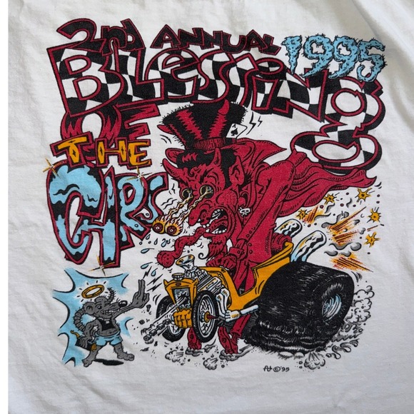 Vintage Oneita Power T Shirt Men Large White 1995 Blessing of the Cars Rat Fink - Picture 4 of 8